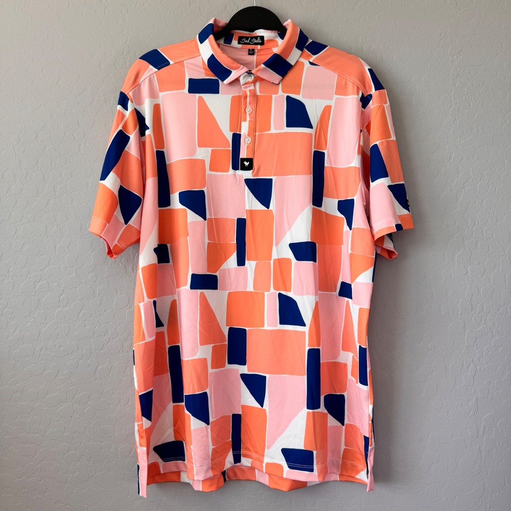 Bad Birdie XL Golf Polo Shirt Abstract Geometric Print Orange Blue Pink